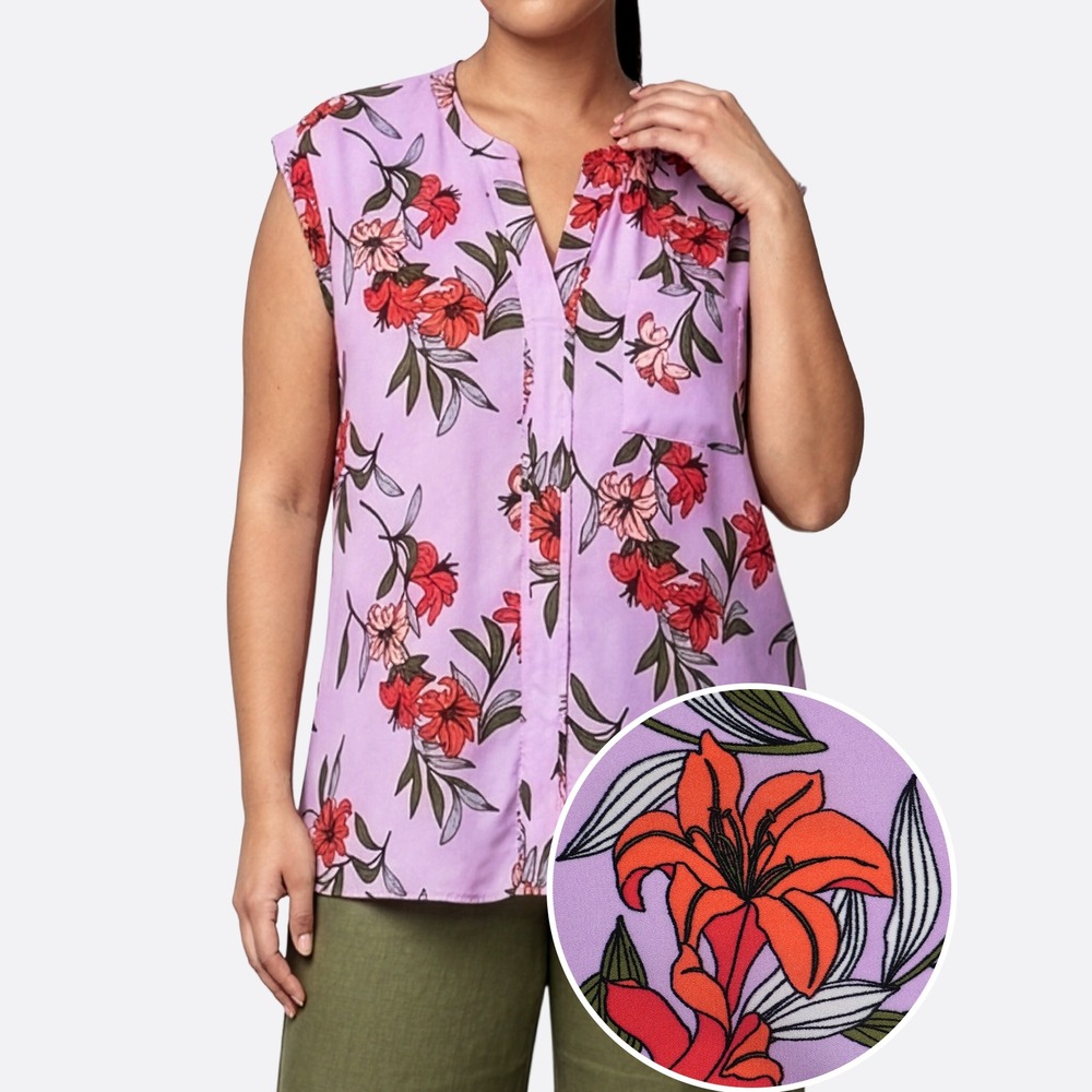 Worthington Floral Georgette L XL 1X Lilac Sleeveless Split Neck Blouse